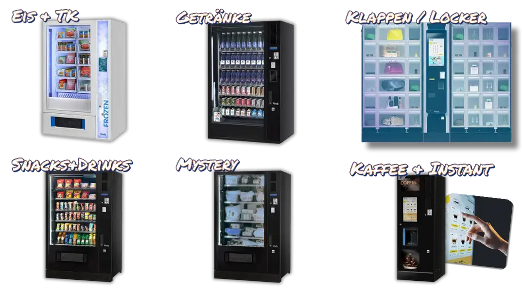 Übersicht über verschiedene Automatenarten: Eis- und Tiefkühlautomaten, Getränkeautomaten, Fächer- bzw. Locker-Systeme, Kombiautomaten für Snacks und Drinks, Mystery-Automaten und Kaffee-/Instant-Automaten